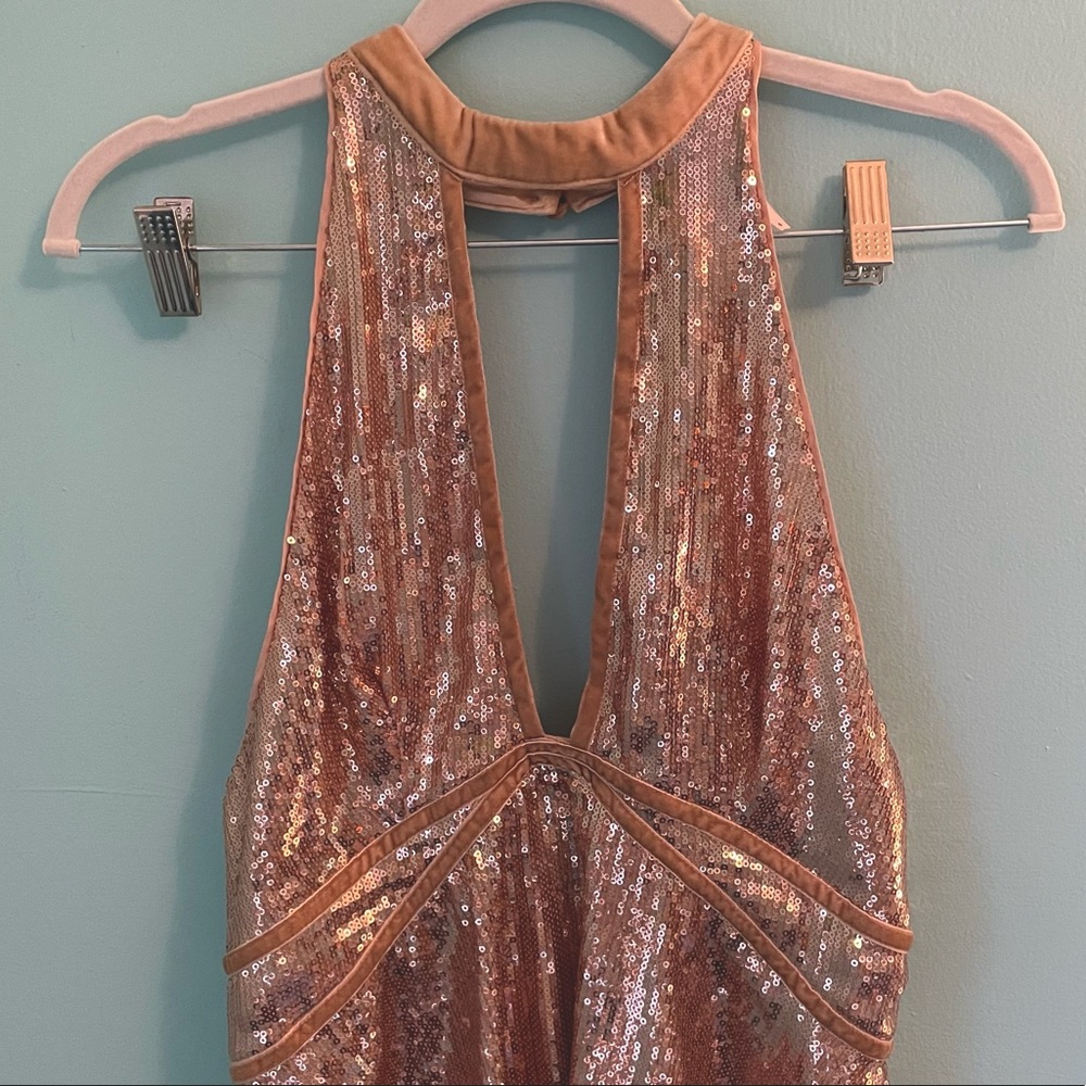 Free People Velvet & Sequins Pale Pink Halterneck Flare Mini Dress